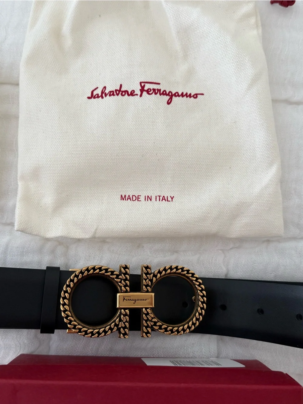 Salvatore Ferragamo Black Leather Belt with Gold Braided Double Gancini Buckle